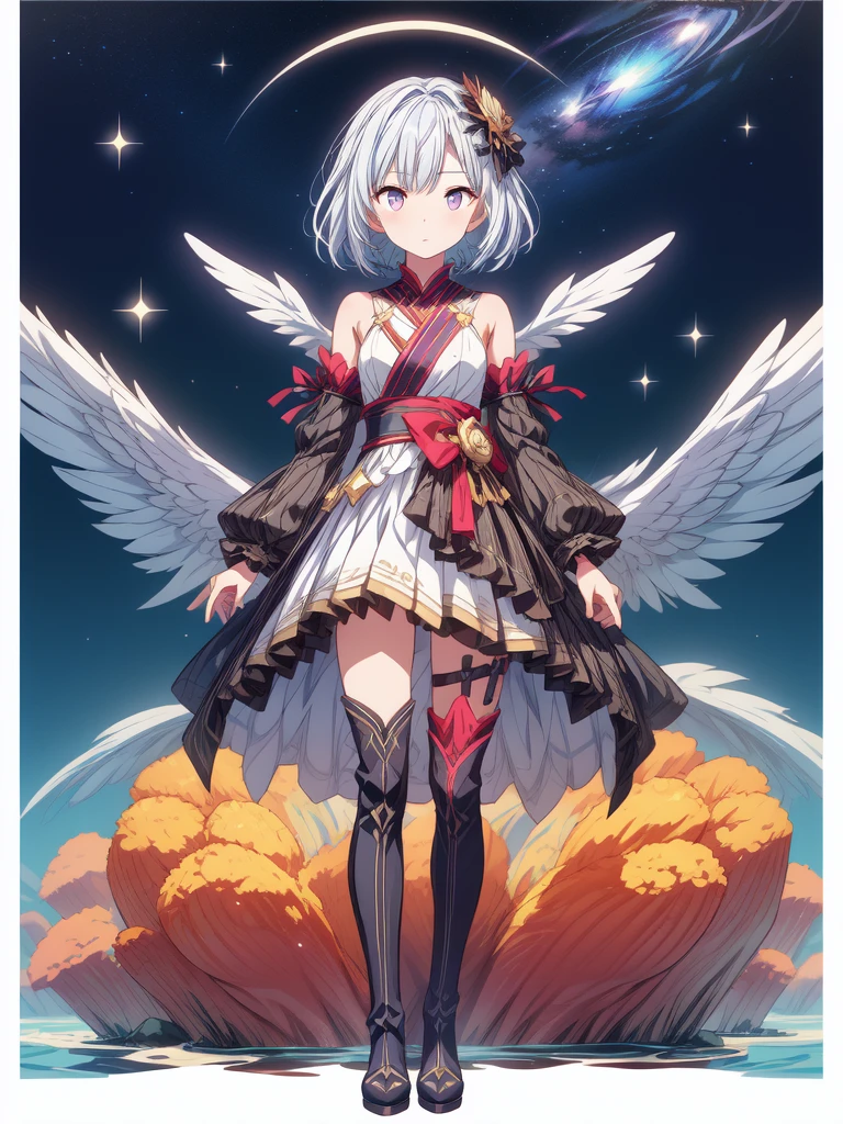 (((1girl)))、starの妖精、vtuber-fullbody、(((highest quality、Masterpiece、The best composition、Golden Ratio、Official Art、Super detailed、Super detailedな目)))、ultra detailed, from front, headshot、 blue and white hair color、Short bangs above eyebrows、Short Hair、Standing in front of the viewer、着物とゴスロリをリメイクしたMilky Way柄の洋服で濃紺と水色を基調にした色、The sleeves are long and the hands are hidden、Knee-high boots、Pure white simple background、star、Milky Way、universe、流star群、