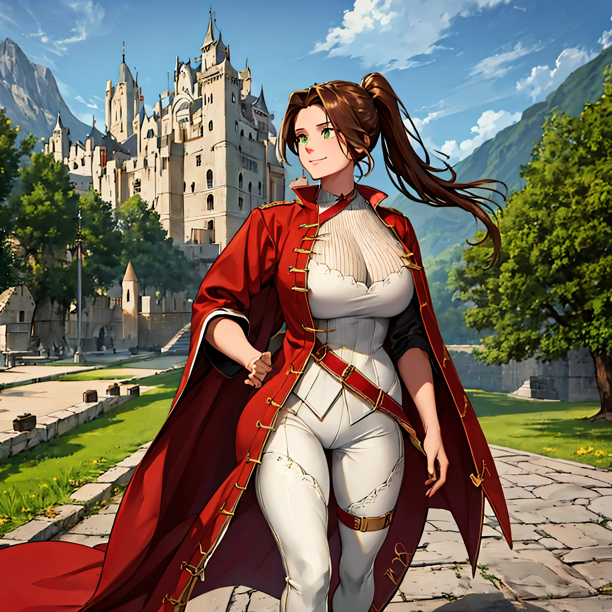 A woman wearing a long red coat from the 1900s, gold details on the coat, tight white pants, black boots, long brown hair, ponytail hair, green eyes, walking outside a large medieval castle, medieval concrete floor, trees background, mountains background, smiling, big breasts,
