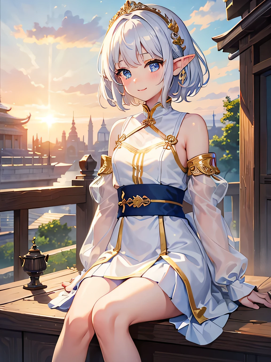 Masterpiece, best quality, high quality, very detailed CG uniform 8k wallpaper, sunlight, shiny hair, shainy eyes, temple, beautiful sky, clouds, 1girl, ten years old girl, elf, cute face, beautiful face, blush, smile, short white hair, blue eyes, white dress no sleeves, armpit, thigs, sitting on the temple