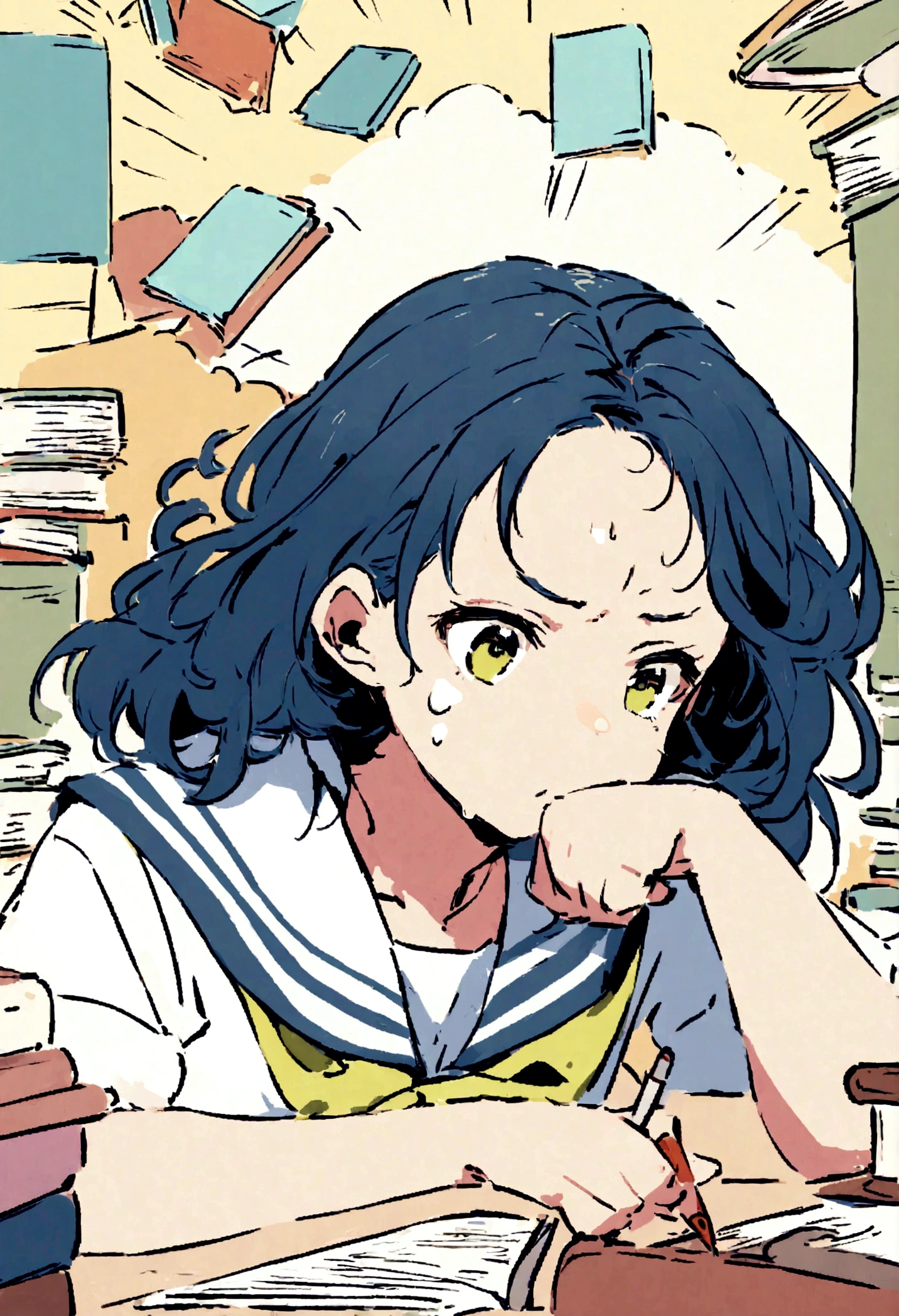 An illustration of a  in a sailor uniform studying hard in a classroom. She is sweating on her forehead but has a satisfied and accomplished expression. The background is filled with books and notebooks, showing her focused effort. The color scheme is bright, emphasizing the educational atmosphere of hard work and achievement.
