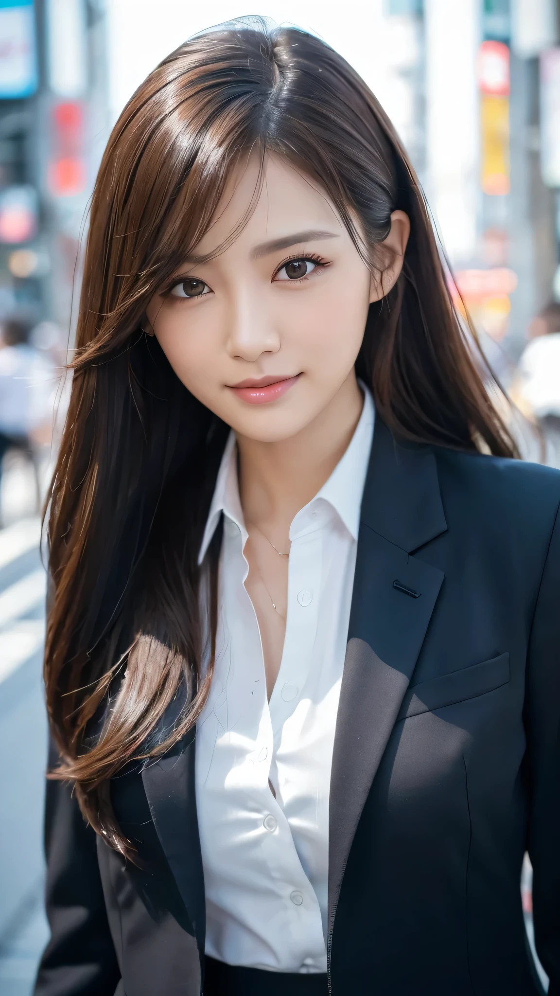 highest quality、genuine、Super detailed、finely、High resolution、8k wallpaper、one beautiful woman、、、light brown disheveled hair、wearing a business suit、sharp focus、perfect dynamic composition、beautiful and detailed eyes、thin hair、Detailed genuine skin texture、smile、model body shape、In Tokyo at morning、Brush your hair up with your fingers.
