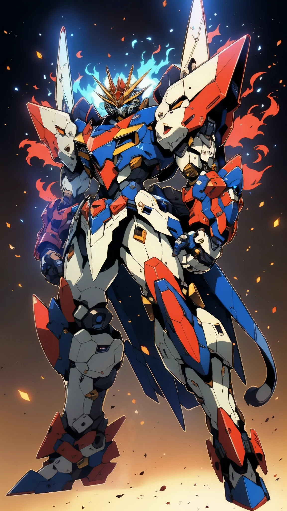 Humanoid Mecha, fully enclosed shoulder guards, matching arm and leg guards, full body, full armor, super robot, the design balances heavy with agility, (the color scheme is primarily white with red and blue accents, the concept Inspired by super robot, Lion concept chest armor, pose, standing, floating high above the futuristic sci-fi city), exquisite and mature art style, (aura effect, energy, glowing eyes, the armor glows), ((SRS)), metallic, dramatic, high definition, best quality, highres, ultra-detailed, ultra-fine painting, extremely delicate, professional, perfect body proportions, anatomically correct, symmetrical face, extremely detailed eyes and face, high quality eyes, creativity, RAW photo, UHD, 32k, Natural light, cinematic lighting, masterpiece-anatomy-perfect, masterpiece:1.5