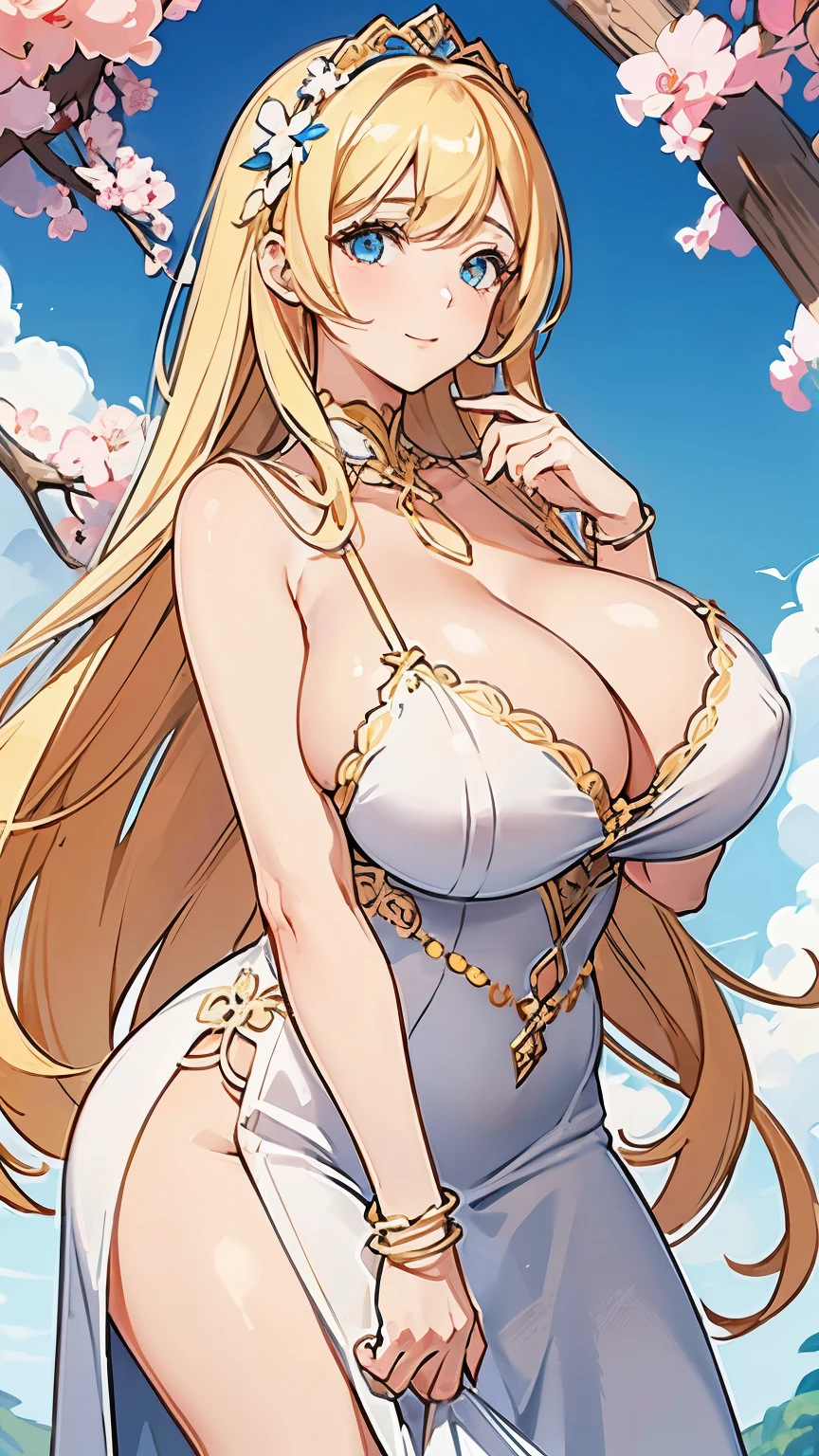 1girl, solo, aphroditeS, blond hair, hair ornaments, flowers in hair, huge breasts, white dress, cleavage, neckale, golden bracelets, masterpiece, best quality, vibrant colors, gigantic breasts, curvy body, mammasize,
