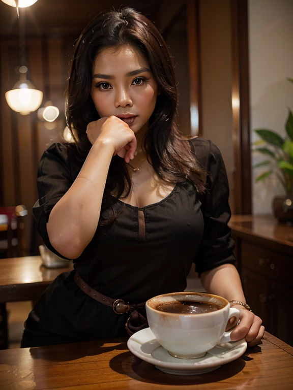 an Indonesian woman is drinking a cup of coffee, beautiful woman, graceful beauty,