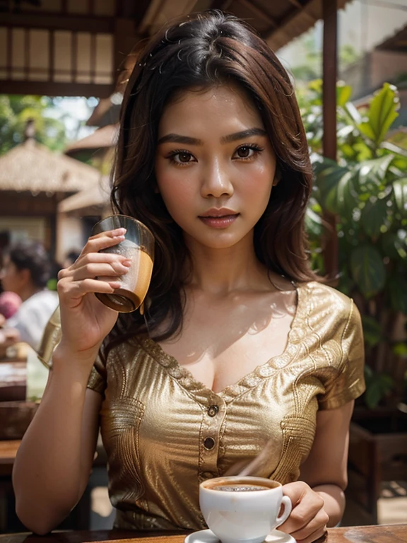 an Indonesian woman is drinking a cup of coffee, beautiful woman, graceful beauty,