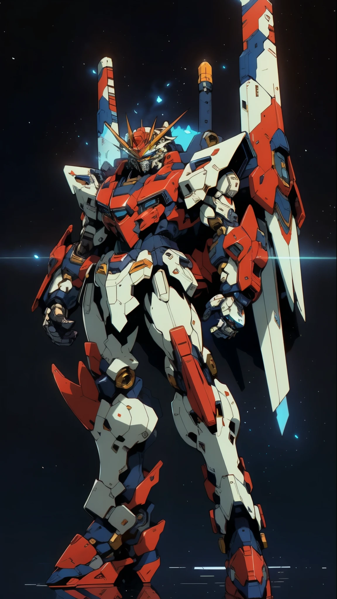 Humanoid Mecha, fully enclosed shoulder guards, matching arm and leg guards, full body, full armor, super robot, the design balances heavy with agility, (the color scheme is primarily white with red and blue accents, the concept Inspired by super robot, Lion concept chest armor, pose, standing, floating high above the futuristic sci-fi city), exquisite and mature art style, (aura effect, energy, glowing eyes, the armor glows), ((SRS)), metallic, dramatic, high definition, best quality, highres, ultra-detailed, ultra-fine painting, extremely delicate, professional, perfect body proportions, anatomically correct, symmetrical face, extremely detailed eyes and face, high quality eyes, creativity, RAW photo, UHD, 32k, Natural light, cinematic lighting, masterpiece-anatomy-perfect, masterpiece:1.5