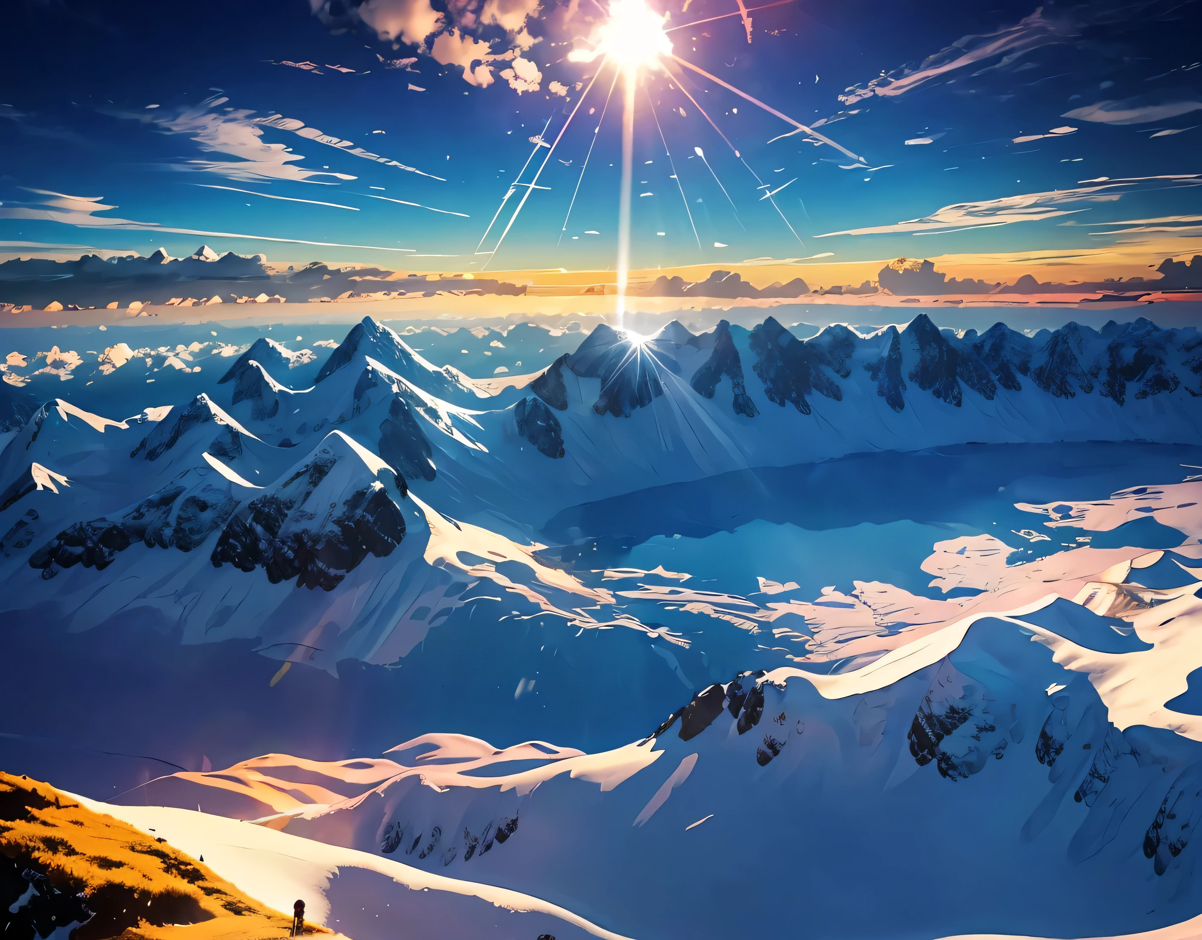 A photo with a very beautiful contrast of seven lights、A magnificent sea of clouds、wood々、The mountain was covered with snow々、Clear skies、Lots of lens flares、The morning sun shines brightly、The morning sun shines brightly、(Ultra-realistic:1.2), High resolution, (Bright colors, High resolution:1.1), (Sharp focus:1.1), (Physically Based Rendering:1.1), Tyndall effect, Colorful lights, (((Light shines through the gaps in the clouds))), Beautiful perspective, Contrasting Shadows, moving composition, Realistic landscape, unique configuration, Soft texture, Intricate details, Mysterious atmosphere, An artistic exploration of light and shadow,Golden dazzling light、A world view that will captivate all who see it、The world of nature、View from 3000m above sea level and mountain hut