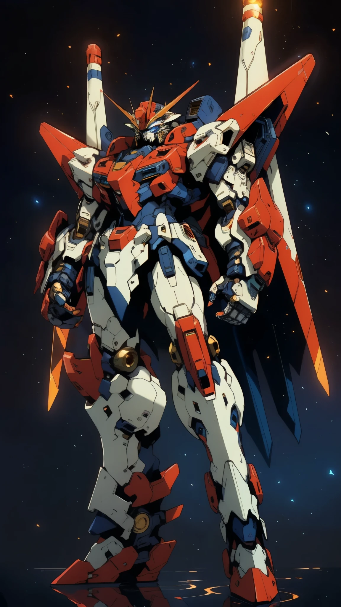Humanoid Mecha, fully enclosed shoulder guards, matching arm and leg guards, full body, full armor, super robot, the design balances heavy with agility, (the color scheme is primarily white with red and blue accents, the concept Inspired by super robot, Lion concept chest armor, pose, standing, floating high above the futuristic sci-fi city), exquisite and mature art style, (aura effect, energy, glowing eyes, the armor glows), ((SRS)), metallic, dramatic, high definition, best quality, highres, ultra-detailed, ultra-fine painting, extremely delicate, professional, perfect body proportions, anatomically correct, symmetrical face, extremely detailed eyes and face, high quality eyes, creativity, RAW photo, UHD, 32k, Natural light, cinematic lighting, masterpiece-anatomy-perfect, masterpiece:1.5