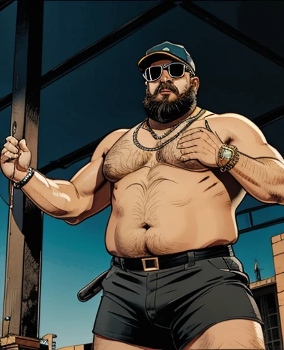 1 chubby man with falando ao Celular , gesturing with hands, conversando com o expectador, ((he is a construction worker he is working in construction)). fotografia de Corpo completo imagem de corpo inteiro , ele trabalha de encanador, ele trabalha de pedreiro, ele trabalha de eletricista, he works as a metalworker. He has a cap, he has a hat, He wears prescription glasses, he wears sunglasses, ele tem barba curta, ele tem barba enorme, he is stroking his crotch looking at the viewer. Ele tem anos, idoso, cabelo grisalho, barba grisalho. He wears a digital watch on his wrist, He wears several Nordic bracelets on his wrist., he wears a gold chain around his neck. Ele usa pulseiras de prata no pulso. Corpo de homem urso papai americano, he is taking off his shorts he is taking off his underwear with his hands for the viewer to see. View from below close to the groinOnly plump, chubby, extremely thick thighs, large belly, fat, very bearded, sunglasses with clear lenses 60%, he is a lifeguard and he is only wearing white or bluish yellow or gray swimming trunks full body photography , foto3D estilizado, Arnold Maya render