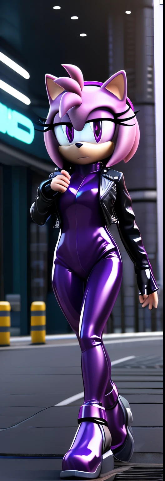 Solo, 1girl, full body image, rendered in SFM, ((sonic oc:1)), from sonic, high detail iconic character, in the new action-movie sonic, ghost in the shell city, official render, 3d render official art, toon shader, ((female)), (((purple hedgehog:1))), ((shiny)) (purple fur:1.0), (((Amy rose style quills))), (((metallic purple eyeliner))) ((deep purple eyes:1.5)), ((calm neutral expression)), ray trace 4 k, ray trace 4k, (((metallic purple latex bodysuit))), (((leather jacket))), ((fingerless gloves:0.9))