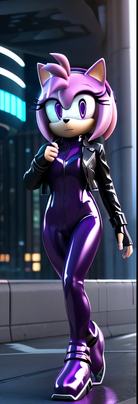 Solo, 1girl, full body image, rendered in SFM, ((sonic oc:1)), from sonic, high detail iconic character, in the new action-movie sonic, ghost in the shell city, official render, 3d render official art, toon shader, ((female)), (((purple hedgehog:1))), ((shiny)) (purple fur:1.0), (((Amy rose style quills))), (((metallic purple eyeliner))) ((deep purple eyes:1.5)), ((calm neutral expression)), ray trace 4 k, ray trace 4k, (((metallic purple latex bodysuit))), (((leather jacket))), ((fingerless gloves:0.9))