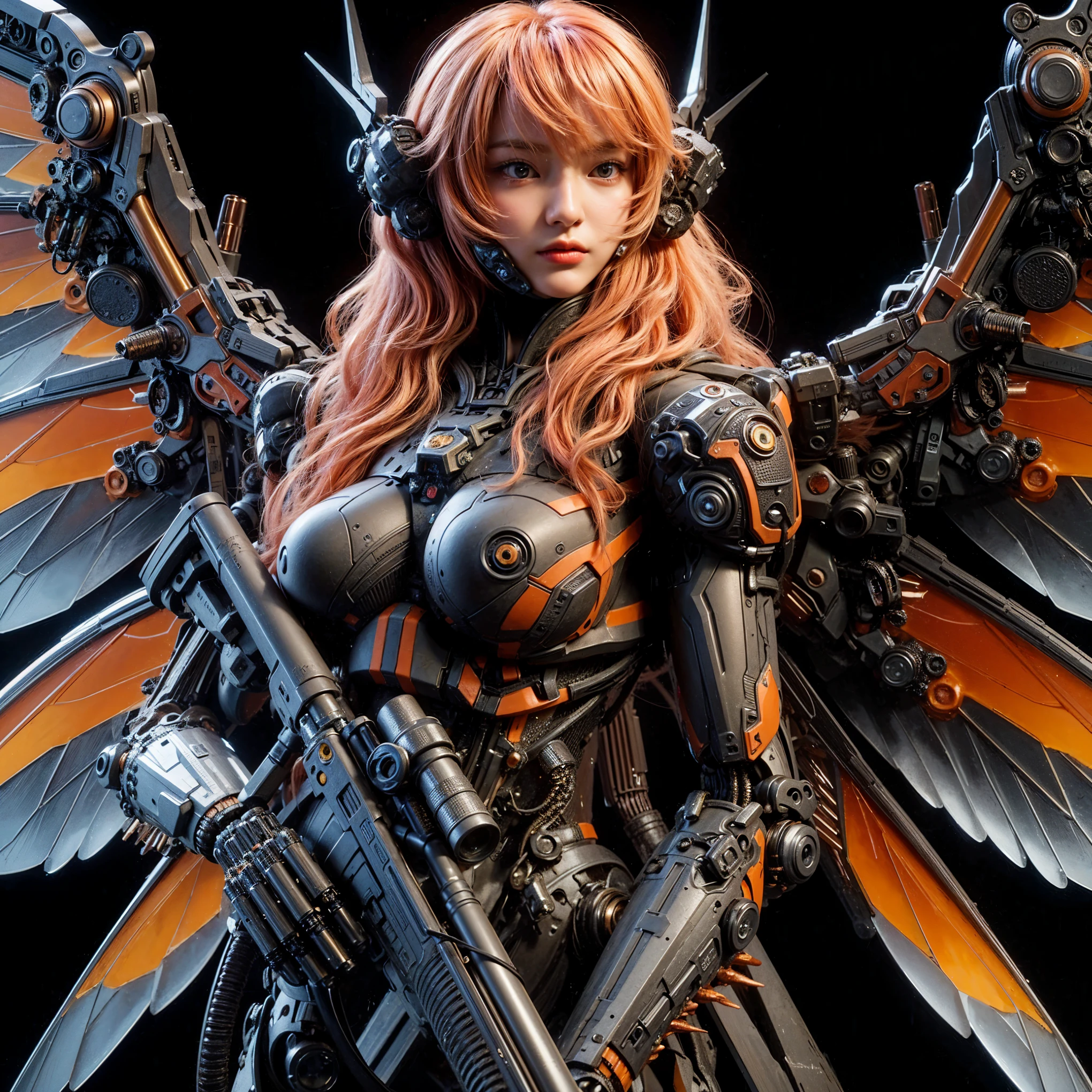 (top-quality:1.2, masterpiece), ultra high res,(Photorealsitic:1.4), (scorpion-like bio animal suit:1.3), heavy weapons,large wings, vivid textures,insect legs, red  hair, glowy skin, fur,japanese girl beautiful face,  ((super realistic intricate details)), full body shot, globalillumination, octan render, ultrasharp, character edge light, Details of complex ornaments, Acrylic Clear Cover, Hydraulic cylinder