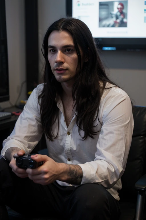 Handsome thin White man  goth long black hair male playing video games 