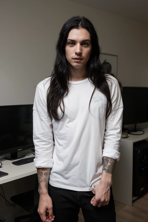 Handsome thin White man goth long black hair male playing video games