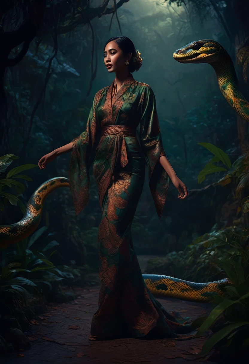 {Digital illustration of a young Indonesian woman in a kebaya and shawl, with a beautiful but eerie face, dancing while entwined by a large python, the background features a deserted village in a creepy forest, the scene is dark and atmospheric, capturing classic horror elements, highly detailed, Art Station, Dribble, vivid colors, 8K resolution, ambient light, cinematic atmosphere, dark and moody lighting}
