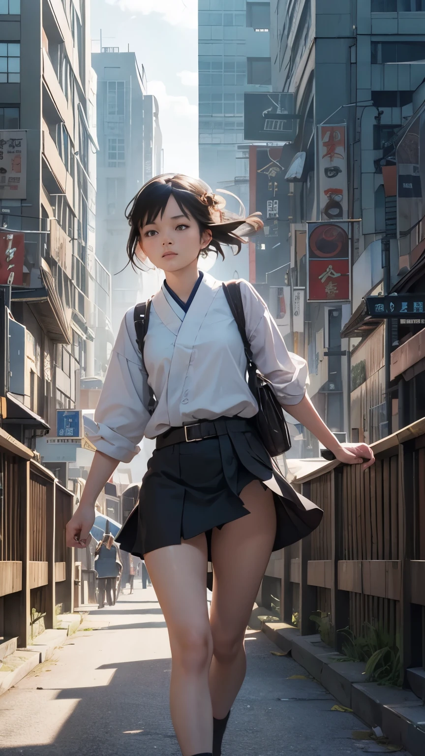 Ruta Briede, Rie Cramer, Nelly Bodenheim, Thé Tjong-Khing, Surrealism, wonder, strange, fantastical, fantasy, Sci-fi, Japanese anime, North Bridge Ball, a beautiful girl Venus in a miniskirt running around the world, perfect voluminous body, a fictitious future city as a text, detailed masterpiece low high angles Hyper realistic cinematic lighting depth of field sharp focus