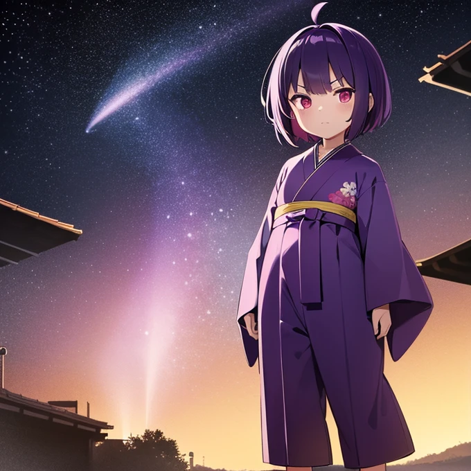 1 Little anime kid girl with purple short hair and red eyes wearing a purple kimono and purple pants with no shoes. She is standing looking angry in front of a supermassive accretion disk in space. Close up on her face 