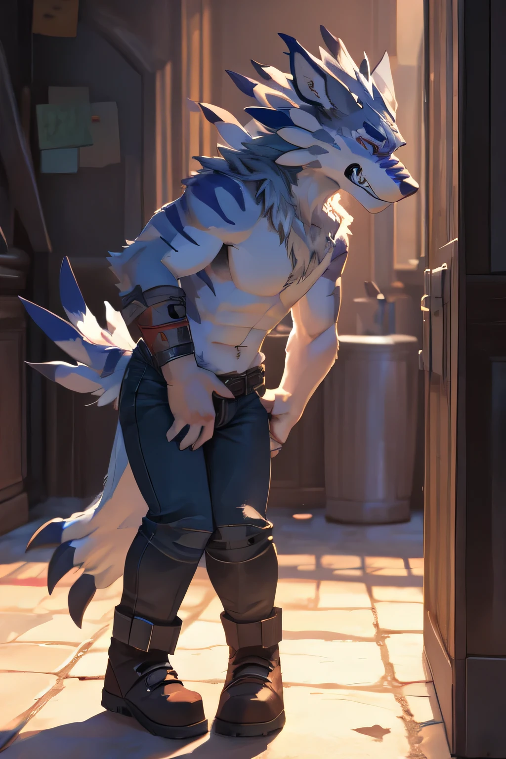 male, weregarurumon, topless, jeans, omorashi, potty dance, full bladder, knock-kneed, holding crotch, holding crotch with both hands, painful expression, clenched teeth, eyes closed,