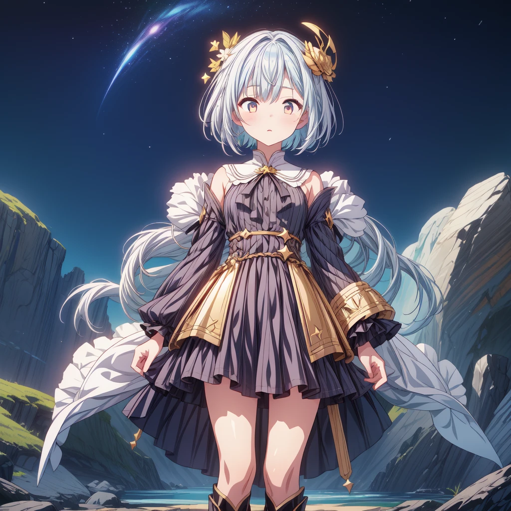 (((1girl)))、starの妖精、Face close-up、vtuber-halfbody、(((highest quality、Masterpiece、The best composition、Golden Ratio、Official Art、Super detailed、Super detailedな目)))、ultra detailed, from front, headshot、 blue and white hair color、Short bangs above eyebrows、Short Hair、Standing in front of the viewer、着物とゴスロリをリメイクしたMilky Way柄の洋服で濃紺と水色を基調にした色、The sleeves are long and the hands are hidden、Knee-high boots、Pure white simple background、star、Milky Way、universe、流star群、
