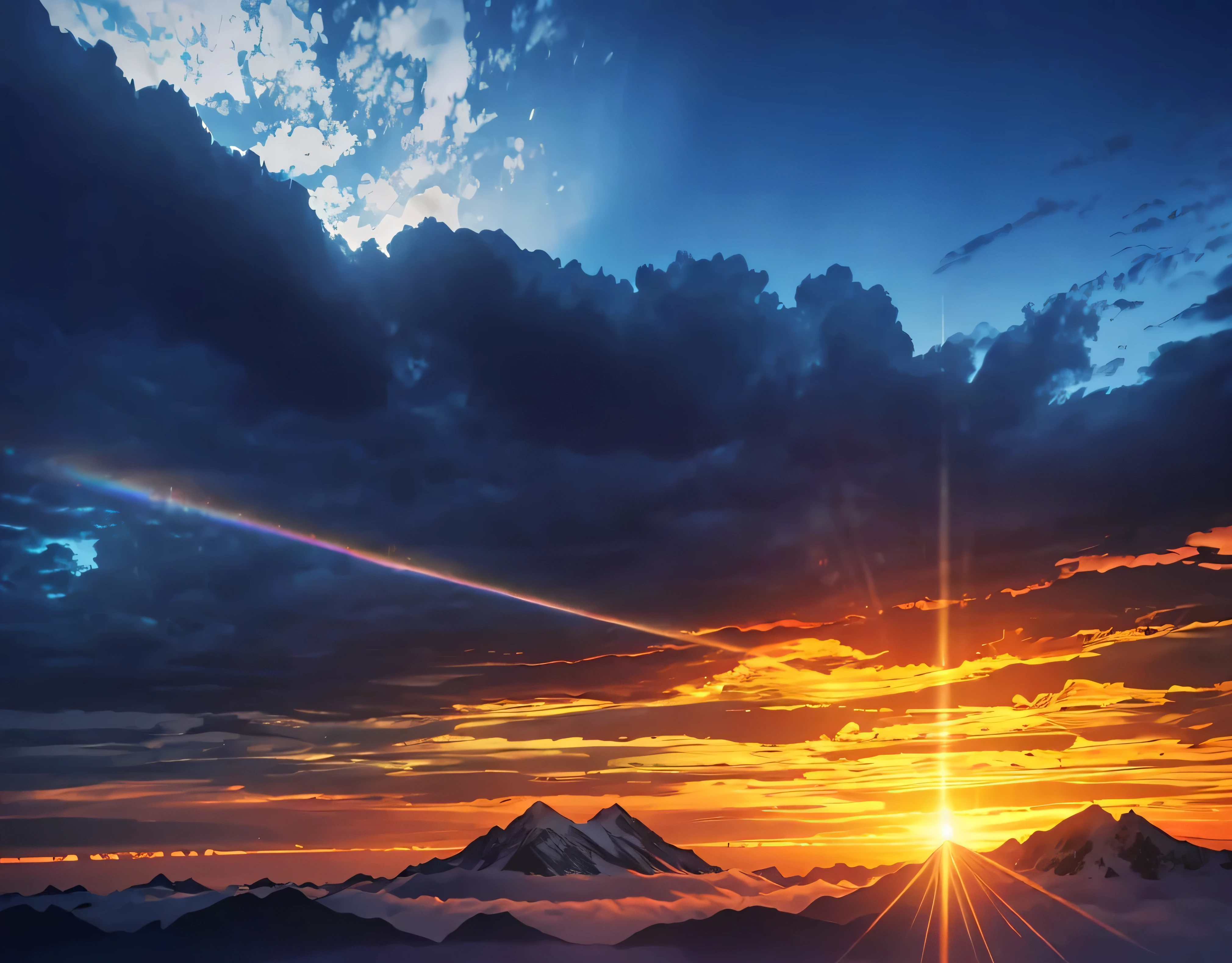 A photo with a very beautiful contrast of seven lights、A magnificent sea of clouds、wood々、The mountain was covered with snow々、Clear skies、Lots of lens flares、The morning sun shines brightly、The morning sun shines brightly、(Ultra-realistic:1.2), High resolution, (Bright colors, High resolution:1.1), (Sharp focus:1.1), (Physically Based Rendering:1.1), Tyndall effect, Colorful lights, (((Light shines through the gaps in the clouds))), Beautiful perspective, Contrasting Shadows, moving composition, Realistic landscape, unique configuration, Soft texture, Intricate details, Mysterious atmosphere, An artistic exploration of light and shadow,Golden dazzling light、A world view that will captivate all who see it、The world of nature、View from 3000m above sea level and mountain hut