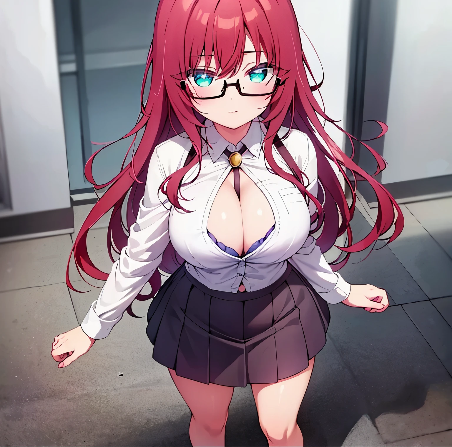 1girl, alone, yakuzen kusuri, masterpiece, best quality, high resolution, big breasts, medium waist, wide hips, medium thighs, red hair, turquoise eyes, long hair, white shirt, low-cut shirt, short sleeves, purple bra, skirt black, tight skirt, black pantyhose, black heels, glasses, glasses, full body, sexy body, standing, looking at viewer, looking from the front, focus on breasts, pov (from above), hand holding hip, perfect hands, anatomy perfect