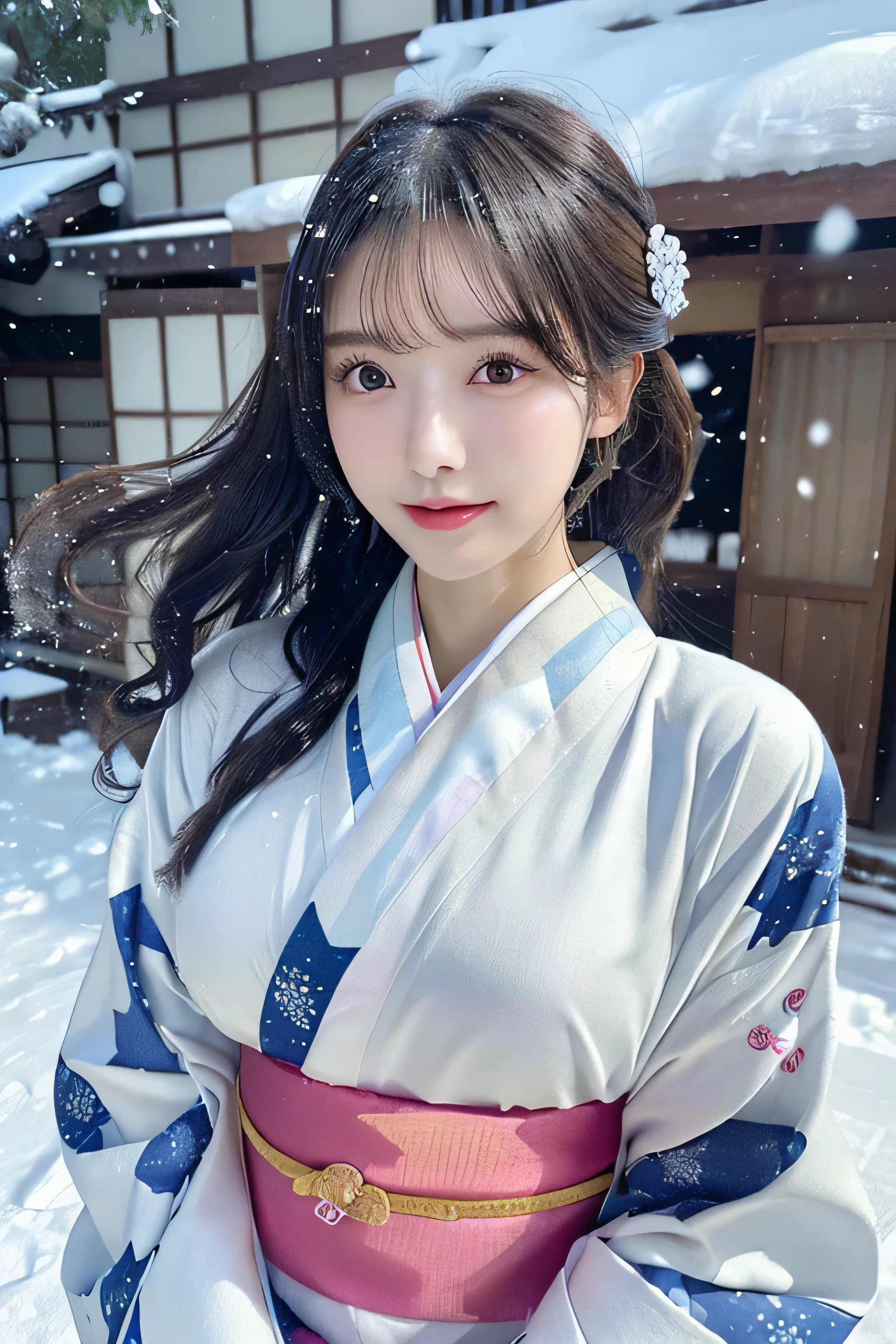 (Kawaii Kimono:1.3)、、(top-quality,masterpiece:1.3,超A high resolution,),(ultra-detailliert,Caustics),(Photorealsitic:1.4,RAW shooting,)Ultra-realistic capture,A highly detailed,high-definition16Kfor human skin、 Skin texture is natural、、The skin looks healthy with an even tone、 Use natural light and color,One Woman,japanes,,kawaii,A dark-haired,Middle hair,(depth of fields、chromatic abberation、、Wide range of lighting、Natural Shading、)、、(Falling snow:1.3)、(Hair swaying in the wind:1.3)、(Snow reflects light:1.3) 、(Large Breasts:1.3)、