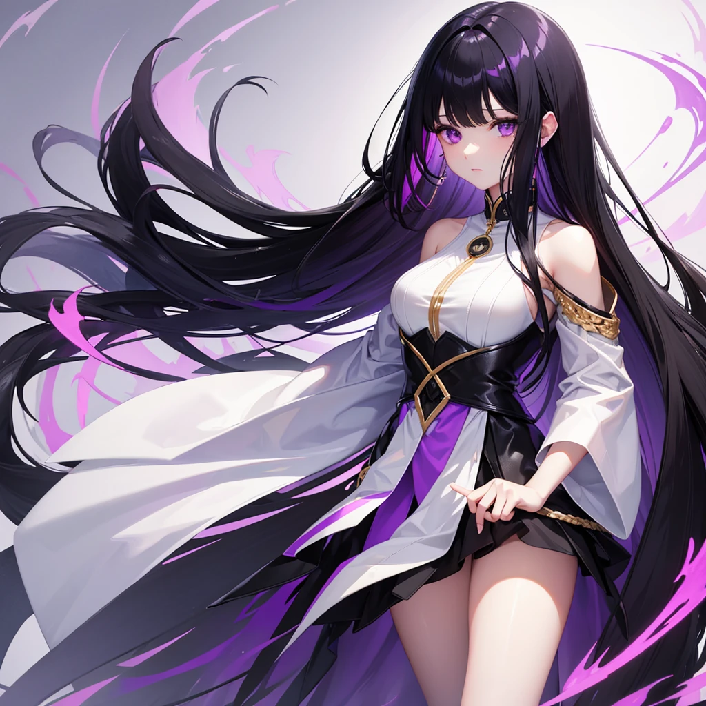A women half long white half black hair split down the middle and purple eyes