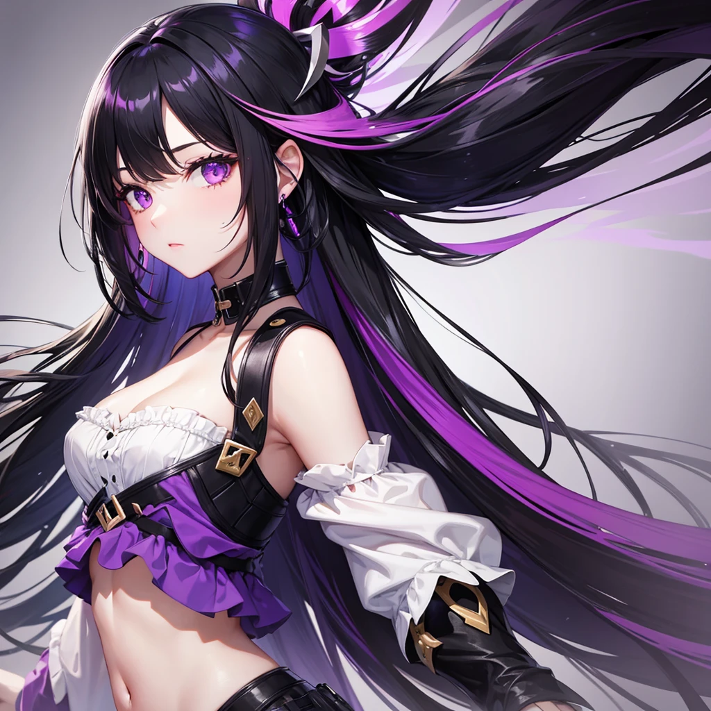 A women half long white half black hair split down the middle and purple eyes