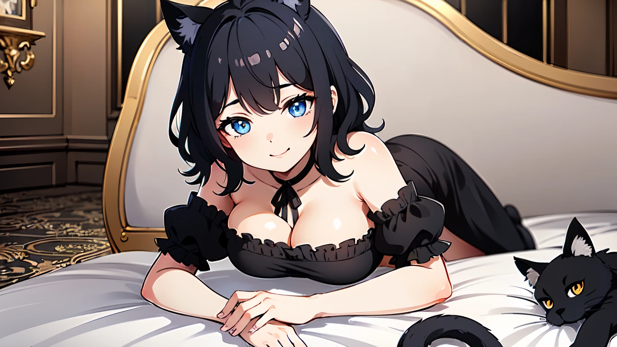 ((highest quality)), ((masterpiece)), (detailed), Perfect Face ,Bed Background, 1 girl、((highest quality, expensive_solve, clear_image)),(Black Hair), (Black cat ears), (Ahoge), (Tremendously short hair), (Wavy Hair), (blue eyes),Tremendous smile、I put on my loungewear,Very large breasts、Lay down