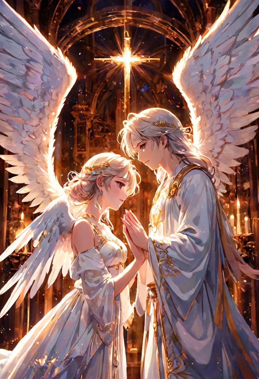 Anime Style,Two people gazing at each other、(Surrealist:1.2), beautiful, Master Parts, highest quality, Highly detailed face, Perfect lighting, Nice hands, Perfect Arms, An angel shining with a sacred and heavenly splendor, (Heavenly Being:1.2), (Calm expression), (Majestic Wings), (Mysterious glow:1.1), (Peaceful and comfortable), (Superb beauty), (God&#39;s Grace), (A symbol of purity), (Golden Halo), (An uplifting atmosphere), (Kingdom of Heaven), (Spiritual Lighting), (Soft and protective), (Illumination light:1.2), (Angelic figures), (Harmony and tranquility), (Angel Robe), (Timeless and heavenly), (Captivating aura), (Healing and guidance)
