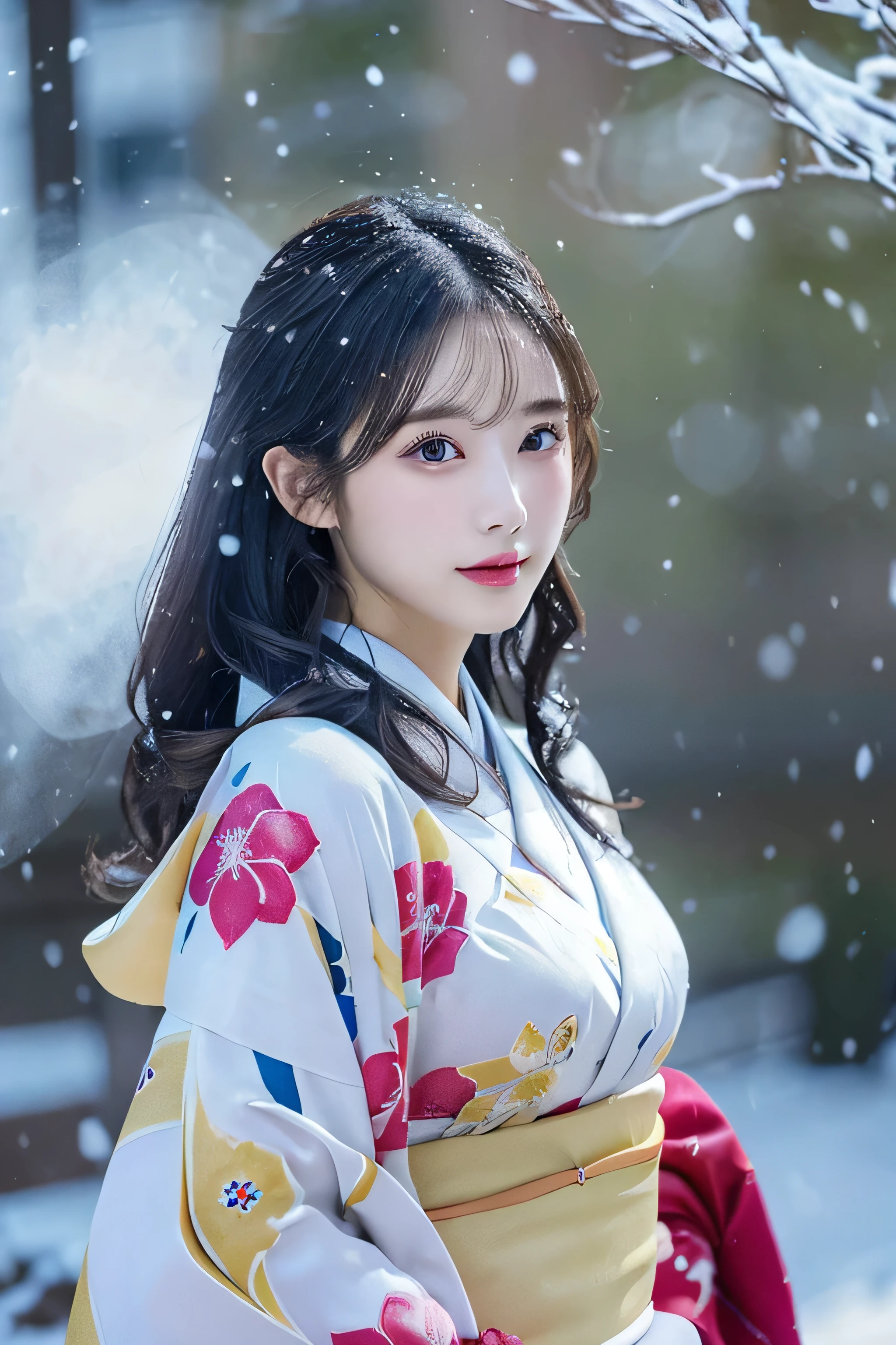 (Kawaii Kimono:1.3)、、(top-quality,masterpiece:1.3,超A high resolution,),(ultra-detailliert,Caustics),(Photorealsitic:1.4,RAW shooting,)Ultra-realistic capture,A highly detailed,high-definition16Kfor human skin、 Skin texture is natural、、The skin looks healthy with an even tone、 Use natural light and color,One Woman,japanes,,kawaii,A dark-haired,Middle hair,(depth of fields、chromatic abberation、、Wide range of lighting、Natural Shading、)、、(Falling snow:1.3)、(Hair swaying in the wind:1.3)、(Snow reflects light:1.3) 、(Large Breasts:1.3)、
