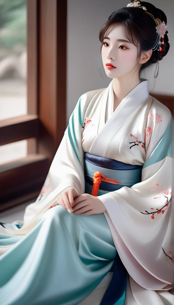 araffe asian woman in a kimono sitting on a bed, white hanfu, palace ， a girl in hanfu, beautiful character painting, chinese style, chinese girl, hanfu, flowing sakura silk, with acient chinese clothes, traditional chinese clothing, wearing ancient chinese clothes, beautiful digital artwork, chinese dress, japanese art style, Ghost Festival