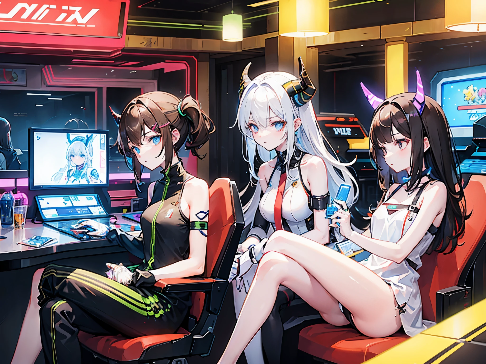 Three tall, thin girls, in a neon-lit arcade, sitting playing video games, one with white hair and horns, one with brown hair, and another girl with black hair.