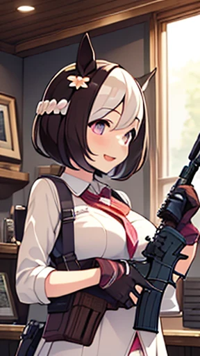 (masterpiece:1.2), best quality, highres, original, extremely detailed wallpaper, perfect lighting,(extremely detailed CG:1.2), 8k, illustration, 1 girl in, m4 carbine,holding gun, smile,:D,