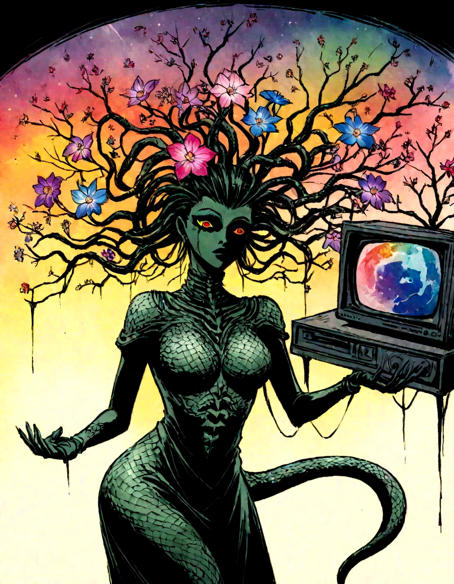 watercolor, charcoal, surreal, animated hand drawn cartoon rotoscope, (full roygbiv color) ink expressive illustration, no light source, darkness, light mask uv rays across face, absurd, with rich color grading, cel shading, warm and unified colors, animated, VHS, glitch, distorted, nostalgia, 90's retro vibe, hyper maximal, strange, hyperrealistic, rotoscope expressive ink bold line hand drawn, in a cinematic style, analog tape, vcr aesthetics, tv, television, hand drawn, minimal, precise, Medusa, splash page decompressed comic cover art, ink style figure, ((expressive Joelle Jones and "Sean Gordon Murphy" comic drawing)), wordless, cinematic poster, , forest green, earth brown), morphology anatomy drawn Frederic Delavier musculature anatomical illustration, (face, ornate black metal corpse paint, resembles Grace Jones), abyss void black no visibility darkness, full length portrait, colors, bleak muted deep fiery radiant glowing ROYGBIV, (background, pine barrens, entropy, rewilding, magic hour sunset, galaxy stars, cosmos), candid, snake skin dress, (body, Naga, snakefolk, lower body snake tail, snake woman hybrid, bald, hairless, skeleton, snake skin tattoos, piercing eyes, snake pupils, over the shoulder), craftsmanship nuance, (Gerardo Zaffino charcoal), (horror, abstract, surreal, body, cosmic), subliminal orchids, nyctophobia, silhouette, double exposure, image within image,
