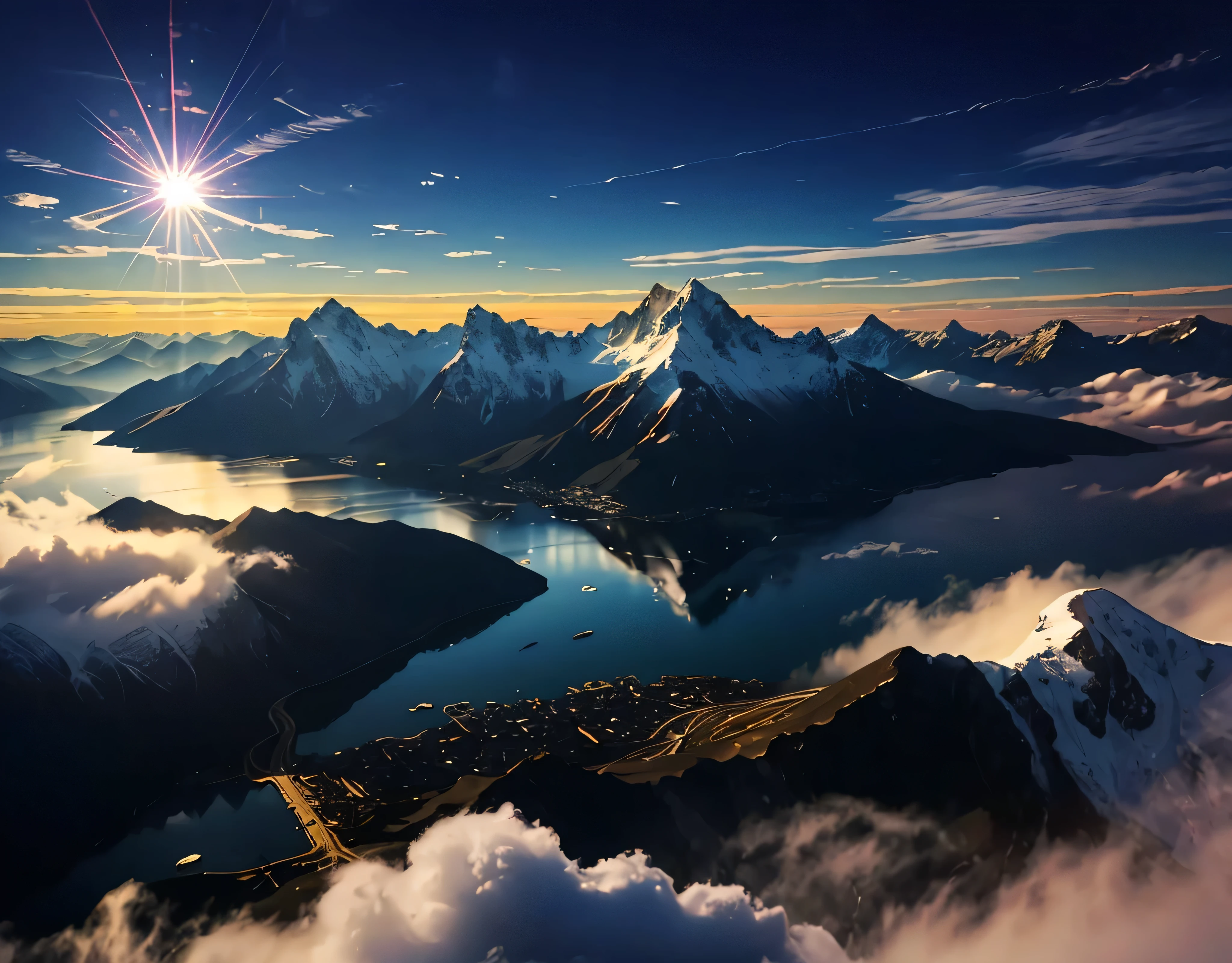 Light reflected on the lake surface between the mountains、A photo with a very beautiful contrast of seven lights、A magnificent sea of clouds、wood々、The mountain was covered with snow々、Clear skies、Lots of lens flares、The morning sun shines brightly、The morning sun shines brightly、(Ultra-realistic:1.2), High resolution, (Bright colors, High resolution:1.1), (Sharp focus:1.1), (Physically Based Rendering:1.1), Tyndall effect, Colorful lights, (((Light shines through the gaps in the clouds))), Beautiful perspective, Contrasting Shadows, moving composition, Realistic landscape, unique configuration, Soft texture, Intricate details, Mysterious atmosphere, An artistic exploration of light and shadow,Golden dazzling light、A world view that will captivate all who see it、The world of nature、View from 3000m above sea level and mountain hut