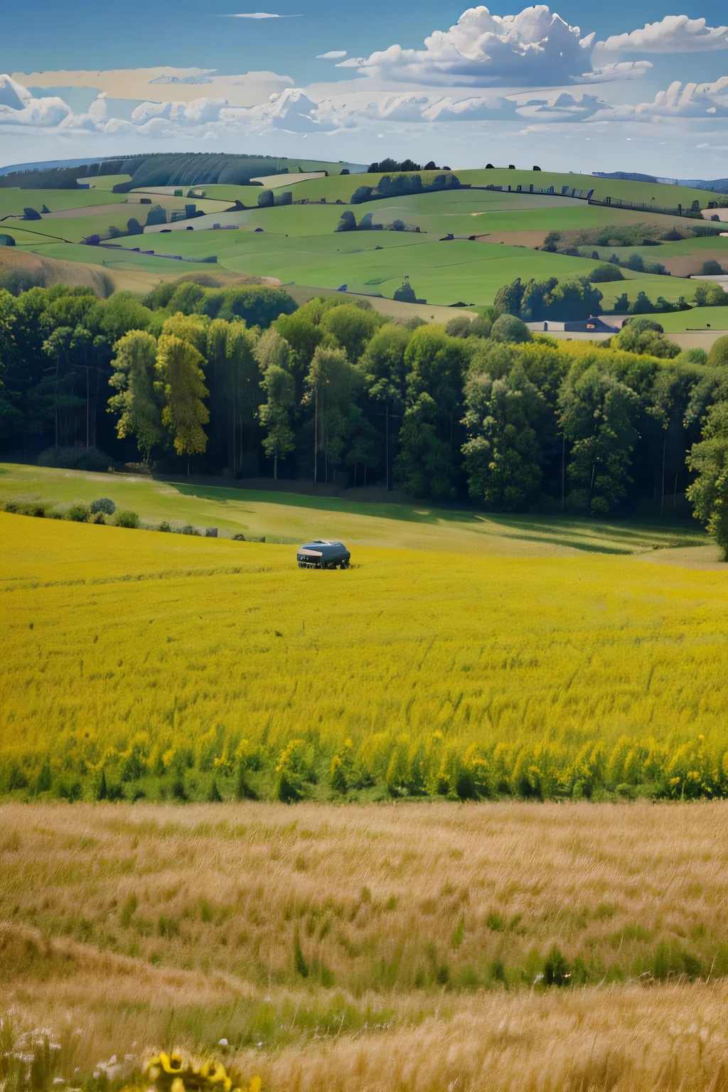 a beautiful yellow landscape, a serene countryside, rolling hills, lush meadows, golden wheat fields, vibrant sunflowers, scattered trees, fluffy clouds, warm sunlight, picturesque scenery, idyllic rural setting, breathtaking vistas, detailed foliage, realistic textures, cinematic composition, stunning natural beauty, masterful lighting, photorealistic quality, (best quality,4k,8k,highres,masterpiece:1.2),ultra-detailed,(realistic,photorealistic,photo-realistic:1.37),landscape,vivid colors,natural lighting