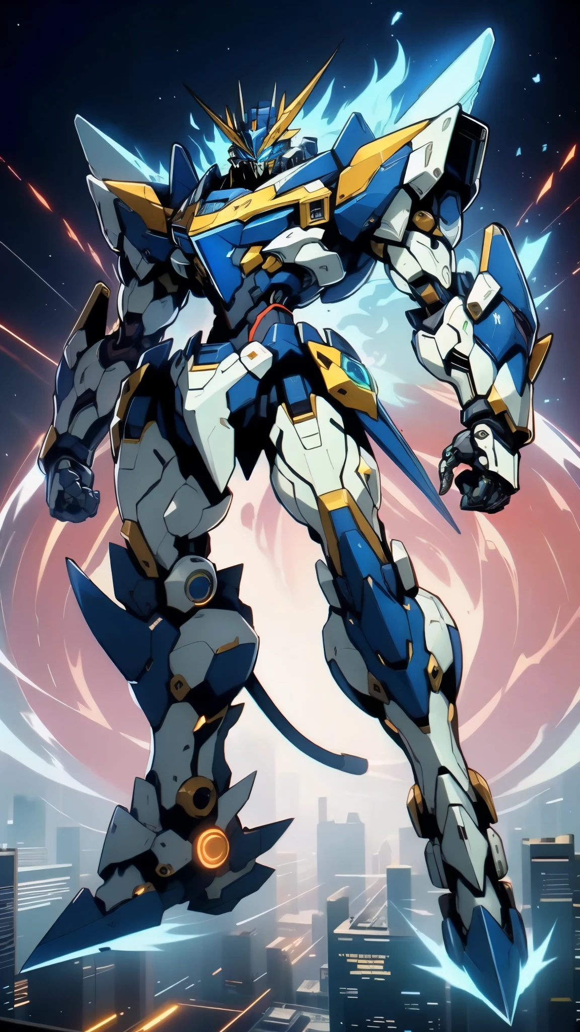 Humanoid Mecha, fully enclosed shoulder guards, matching arm and leg guards, full body, full armor, super robot, the design balances heavy with agility, (the color scheme is primarily white with red and blue accents, the concept Inspired by super robot, Lion concept chest armor, pose, standing, floating high above the futuristic sci-fi city), exquisite and mature art style, (aura effect, energy, glowing eyes, the armor glows), ((SRS)), metallic, dramatic, high definition, best quality, highres, ultra-detailed, ultra-fine painting, extremely delicate, professional, perfect body proportions, anatomically correct, symmetrical face, extremely detailed eyes and face, high quality eyes, creativity, RAW photo, UHD, 32k, Natural light, cinematic lighting, masterpiece-anatomy-perfect, masterpiece:1.5