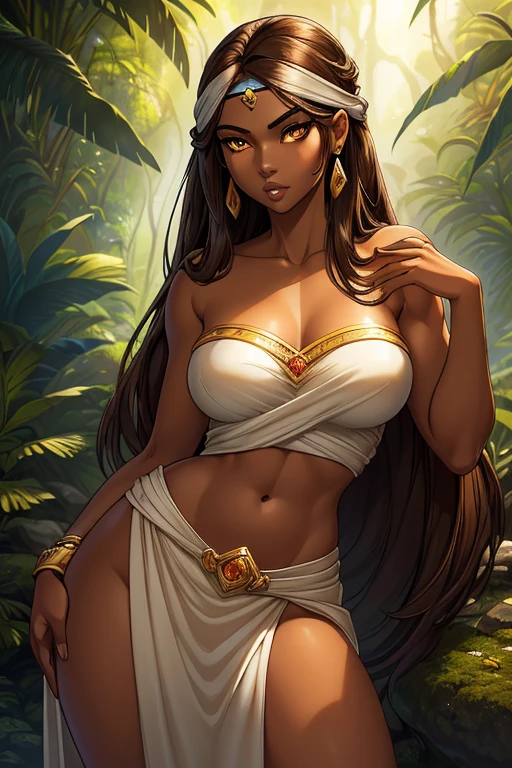 ((ultra quality)), ((masterpiece)), ((brown-haired long hair)), (Beautiful face), (beautiful female lips), (), charming, ((sexy facial expression)), looks at the camera, (dark skin color), (dark skin), glare on the body, ((Detailed eyes)), ((Amber eyes)), (juicy female lips), (brown lips), (dark eyeliner), (beautiful female hands), ((ideal female figure)), ideal female body, beautiful waist, beautiful hips, medium breasts, ((subtle and beautiful)), A seductive stance (), (Wearing headband, tan strapless top, tan mini skirt, pelvic curtain), (Background: Outdoors, rainforest, stone temples in the surroundings), ((depth of field)), ((high quality clear image)), (clear details), ((high detail)), realistically, professional photo session, ((Clear Focus))