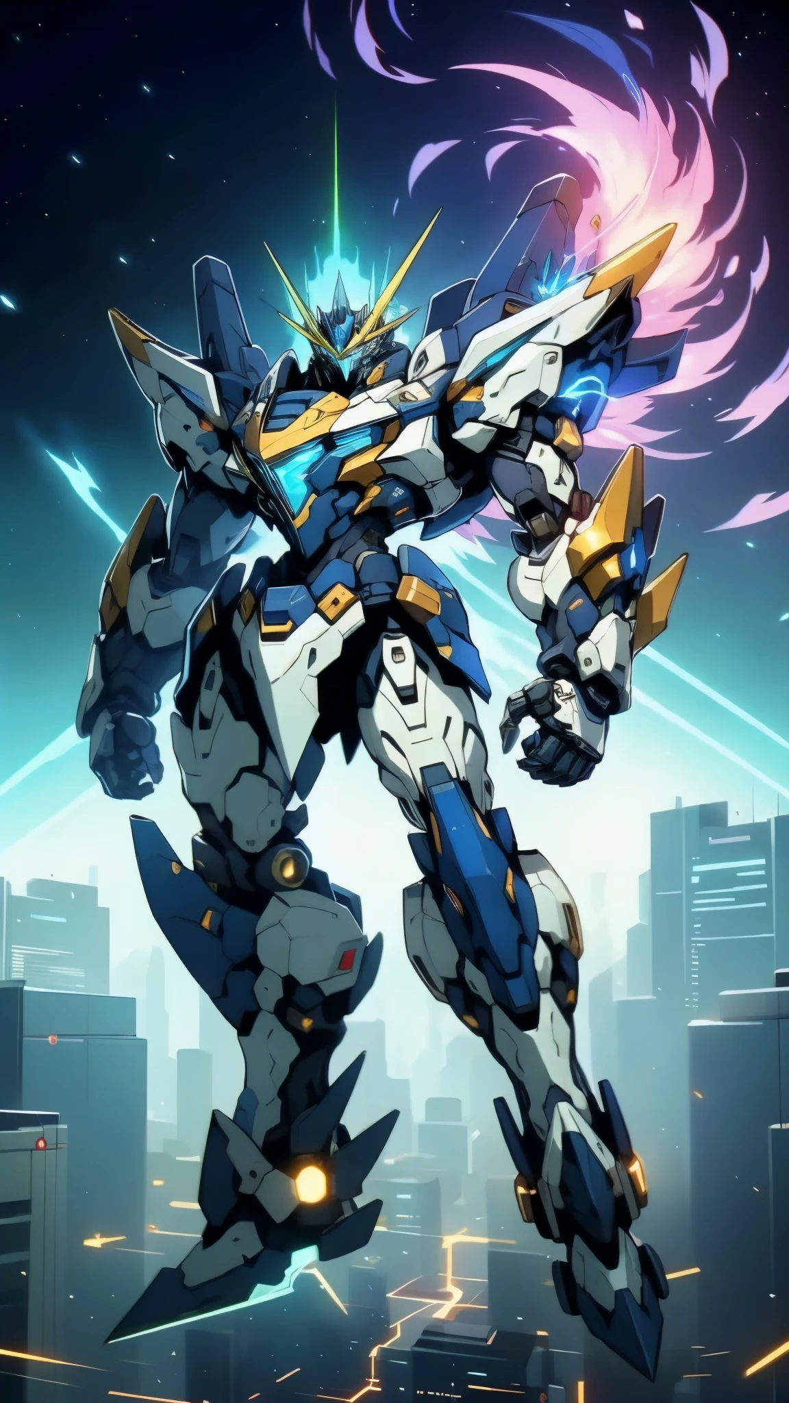 Humanoid Mecha, fully enclosed shoulder guards, matching arm and leg guards, full body, full armor, super robot, the design balances heavy with agility, (the color scheme is primarily white with red and blue accents, the concept Inspired by super robot, Lion concept chest armor, pose, standing, floating high above the futuristic sci-fi city), exquisite and mature art style, (aura effect, energy, glowing eyes, the armor glows), ((SRS)), metallic, dramatic, high definition, best quality, highres, ultra-detailed, ultra-fine painting, extremely delicate, professional, perfect body proportions, anatomically correct, symmetrical face, extremely detailed eyes and face, high quality eyes, creativity, RAW photo, UHD, 32k, Natural light, cinematic lighting, masterpiece-anatomy-perfect, masterpiece:1.5