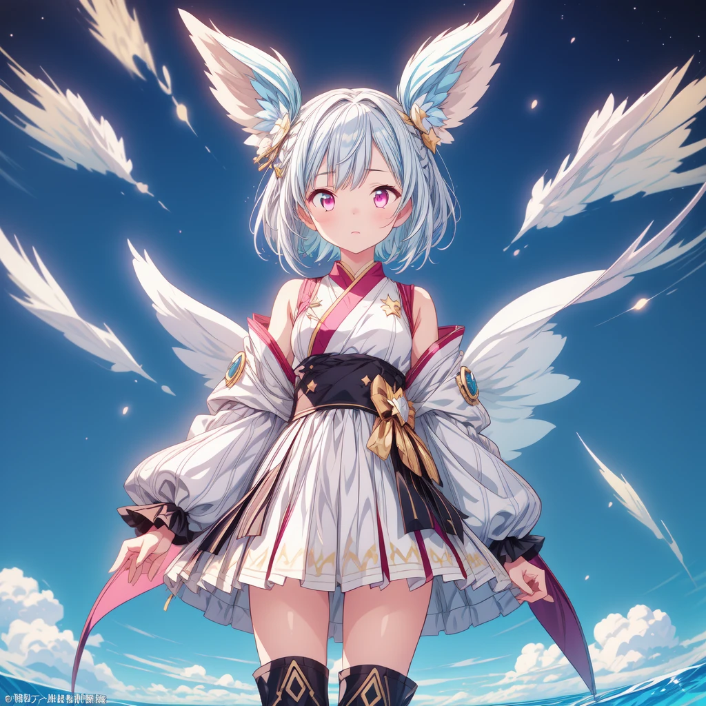 (((1girl)))、starの妖精、Face close-up、closeup shot、vtuber-halfbody、(((highest quality、Masterpiece、The best composition、Golden Ratio、Official Art、Super detailed、Super detailedな目)))、Light blue and light pink eyes、ultra detailed, from front, headshot、 blue and white hair color、Short bangs above eyebrows、Short Hair、Standing in front of the viewer、着物とゴスロリをリメイクしたMilky Way柄の洋服で濃紺と水色を基調にした色、The sleeves are long and the hands are hidden、Knee-high boots、Pure white simple background、star、Milky Way、universe、流star群、