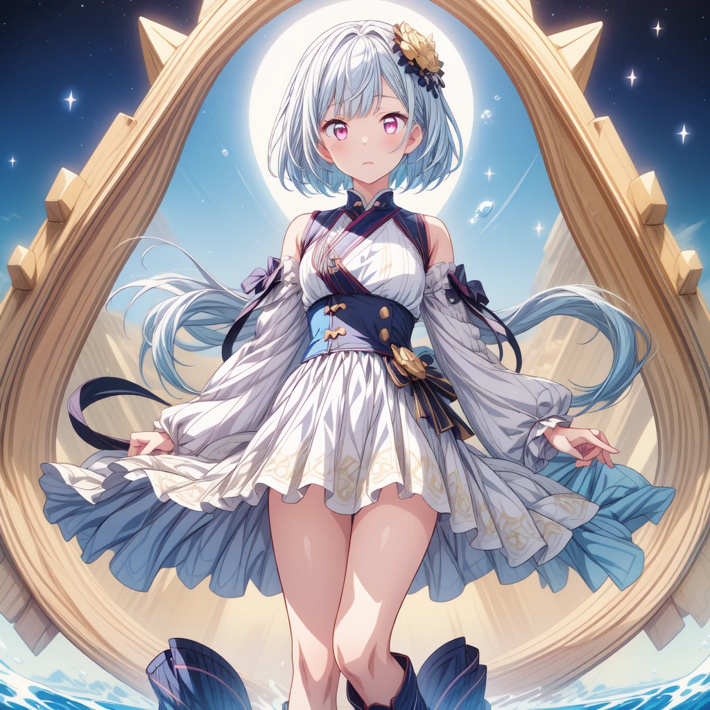 (((1girl)))、starの妖精、Face close-up、closeup shot、vtuber-halfbody、(((highest quality、Masterpiece、The best composition、Golden Ratio、Official Art、Super detailed、Super detailedな目)))、Light blue and light pink eyes、ultra detailed, from front, headshot、 blue and white hair color、Short bangs above eyebrows、Short Hair、Standing in front of the viewer、着物とゴスロリをリメイクしたMilky Way柄の洋服で濃紺と水色を基調にした色、The sleeves are long and the hands are hidden、Knee-high boots、Pure white simple background、star、Milky Way、universe、流star群、