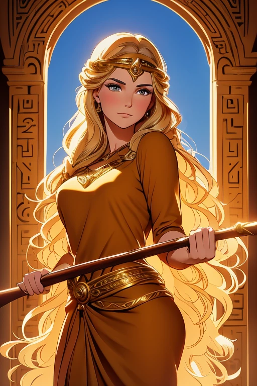 a cartoon drawing of a woman in a brown dress holding a bow, the goddess artemis smirking, also known as artemis or selene, also known as artemis the selene, greek goddess athena, the greek goddess aphrotite, goddess of greek mythology, greek goddess, gorgeous goddess of leo, Elizabeth kovalenko as blond aphrodite, old greek goddess