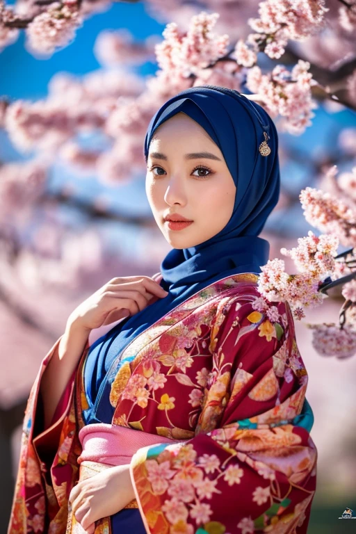 a beautiful asian girl hijab in a vibrant blue moon kimono, detailed facial features, large breasts, elegant pose, cherry blossom trees in the background, cinematic lighting, warm color palette, high quality digital art, masterpiece, intricate details, photorealistic, (best quality,4k,8k,highres,masterpiece:1.2),ultra-detailed,(realistic,photorealistic,photo-realistic:1.37)