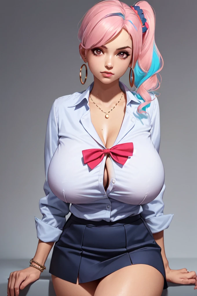 (ultra realistic,32k, masterpiece:1.1),(high detailed skin:1.1), 8k uhd, dslr, high quality, (thick\lips\),
aakaede,two-tone hair,side ponytail,sidelocks,hair scrunchie,gyaru,earrings,necklace,breasts,,red bowtie,collared shirt,pink shirt,long sleeves,bracelet,blue skirt,, , (huge breast:1.2),
(looking at viewer, portrait:1.1),,
,(tenebrism:1.1), blank background