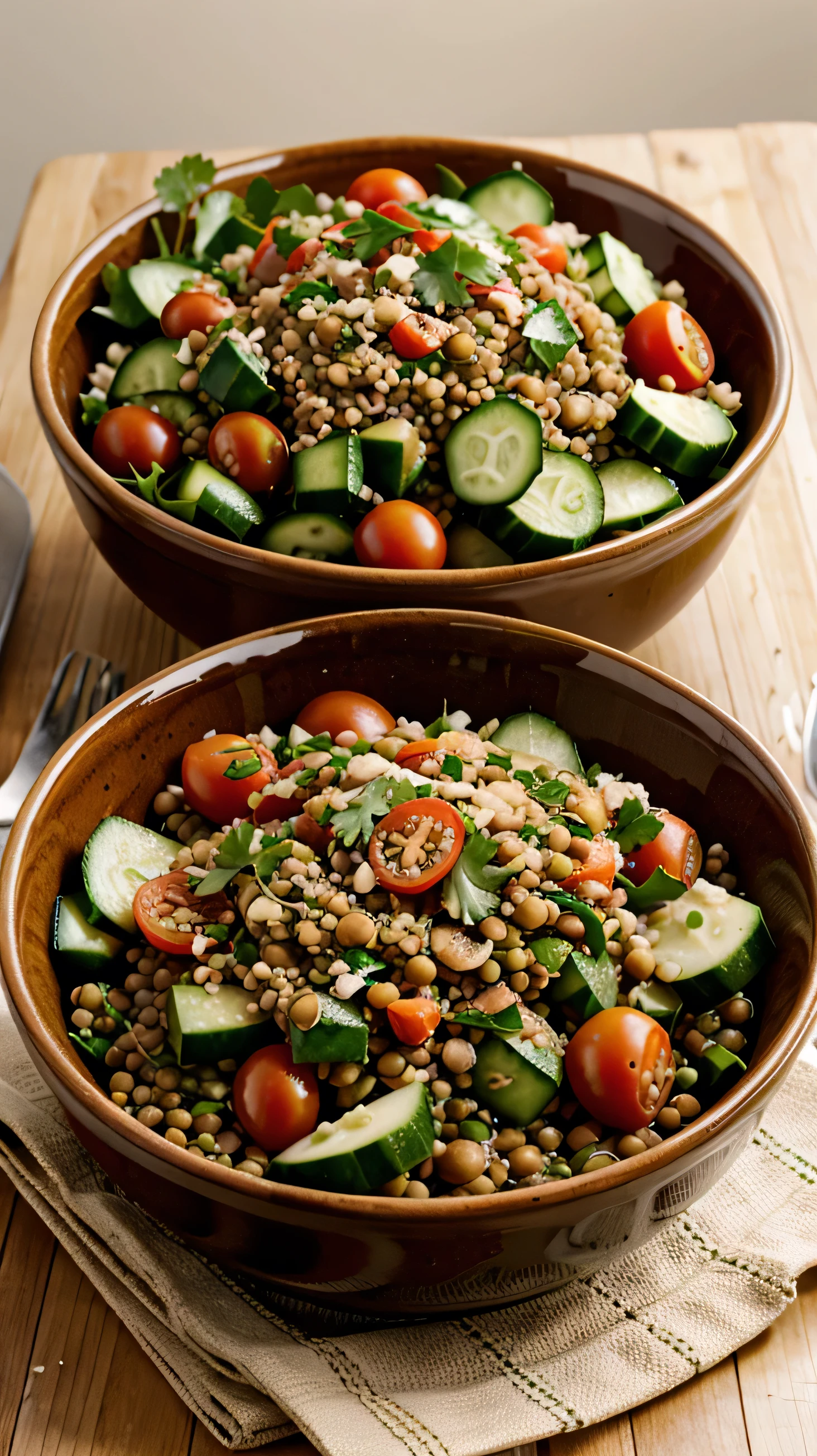 Lentil Salad with Tomatoes and Cucumber in a bowl