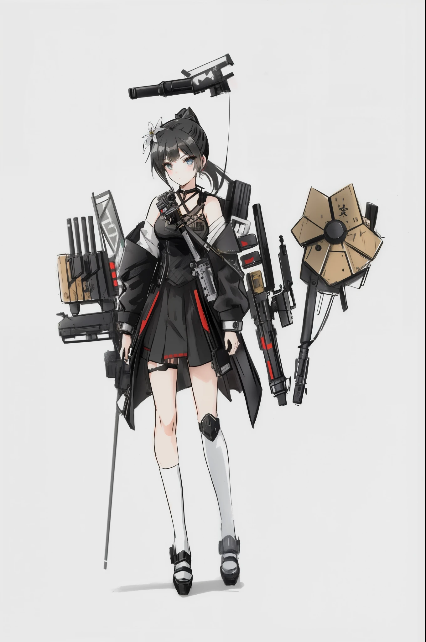 (ponytail forehead hair pulled back:1.3), (black hair:1.3), anime girl with a gun and a flower on her shoulder, kantai collection style, mechanized soldier girl, girl with warship parts, interesting character design, female protagonist 👀 :8, nier automata concept artsyle, mechanized witch girl, mechanized valkyrie girl, nier automata concept art, traditional japanese concept art, female mecha, from girls frontline