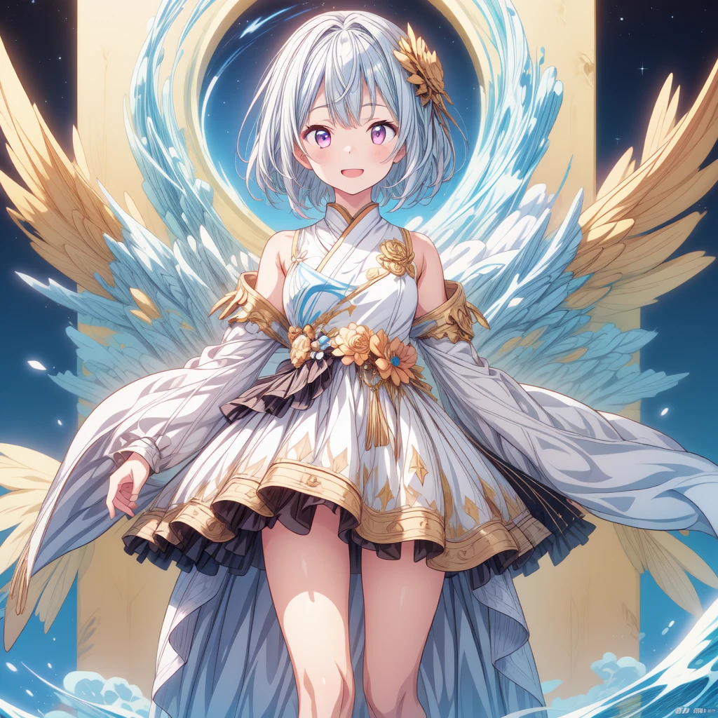 (((1girl)))、starの妖精、Face close-up、closeup shot、(((highest quality、Masterpiece、The best composition、Golden Ratio、Official Art、Super detailed、Super detailedな目)))、smile、Droopy and big eyes、Light blue and light pink eyes、ultra detailed, from front, headshot、 blue and white hair color、Short bangs above eyebrows、Short Hair、Standing in front of the viewer、着物とゴスロリをリメイクしたMilky Way柄の洋服で濃紺と水色を基調にした色、The sleeves are long and the hands are hidden、Knee-high boots、Pure white simple background、star、Milky Way、universe、流star群、