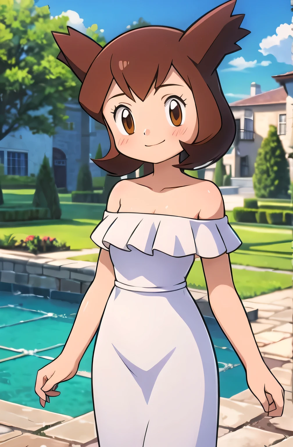 1 girl, solo, Pokemon Heroes (Bianca), Brown Hair, brown eyes, smile, cowboy shot, facing viewer,, absurdres, ultra detailed, masterpiece, best quality, Teenager, masterpiece, best quality, Blushing, Bare Neck, Bare Shoulders, strapless, White Ruffle off the Shoulder maxi dress. Standing up. Cowboy shot. A landscape of blue skies, a mansion, an garden maze, a water pool
