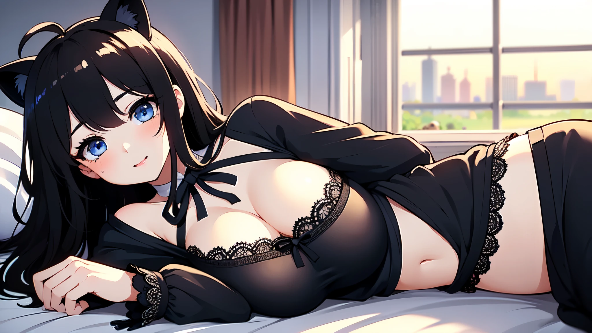 ((highest quality)), ((masterpiece)), (detailed), Perfect Face ,Bed Background, 1 girl、((highest quality, expensive_solve, clear_image)),(Black Hair), (Black cat ears), (Ahoge), (Tremendously short hair), (Wavy Hair), (blue eyes),Tremendous smile、I put on my loungewear,Very large breasts、Lay down